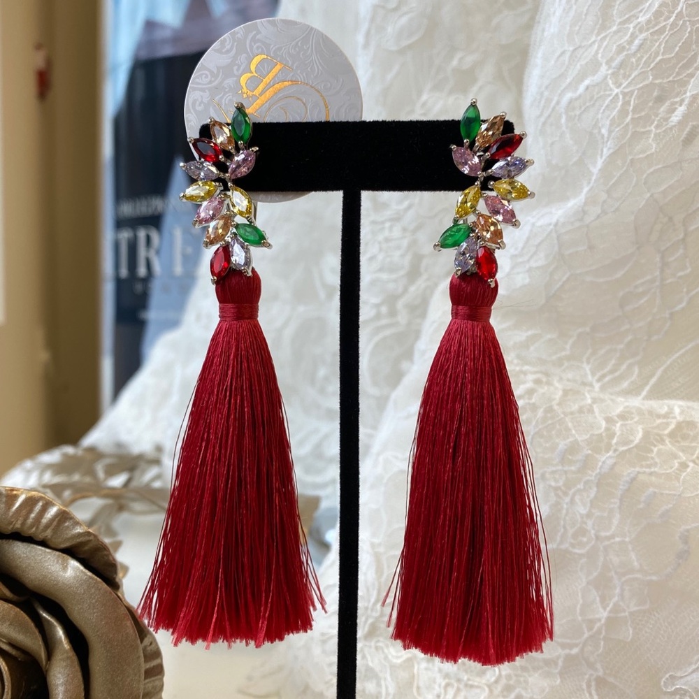 Red Fringe Tassel Earrings with Rhinestones